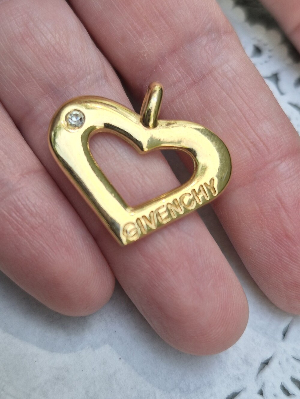 Vintage Two Sided Givenchy Gold Heart Pendant with Crystal Accent
